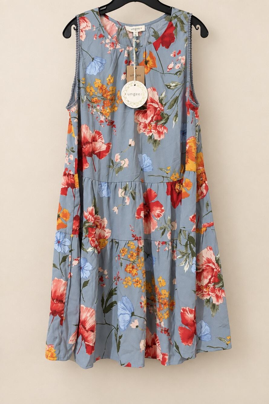 Umgee USA Floral Tiered Midi Dress XL Blue Sleeveless Lace Trim Boho NWT